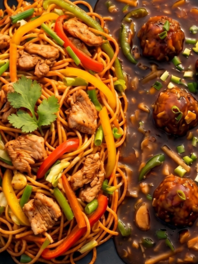 Chicken Hakka Noodles With Chicken Manchurian Gravy