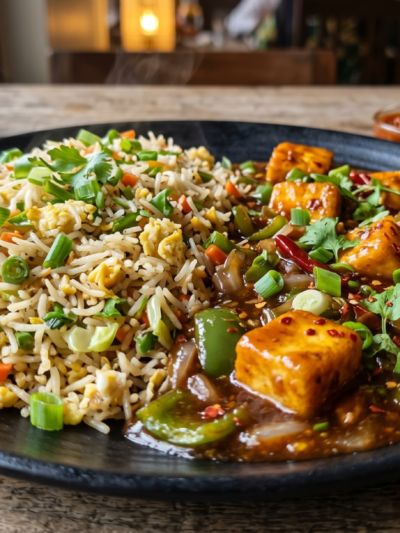 Egg Hakka Rice With Chilli Paneer Gravy