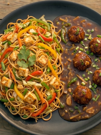 Veg Paneer Noodles With Veg Manchurain Gravy
