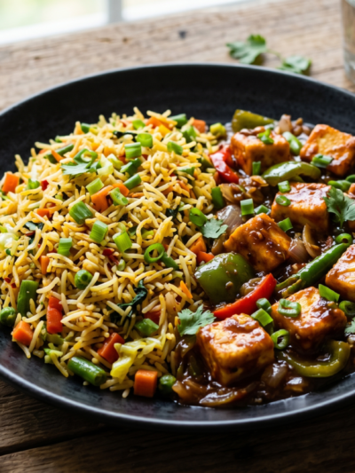 Veg Singapori Rice With Chilli Paneer Gravy
