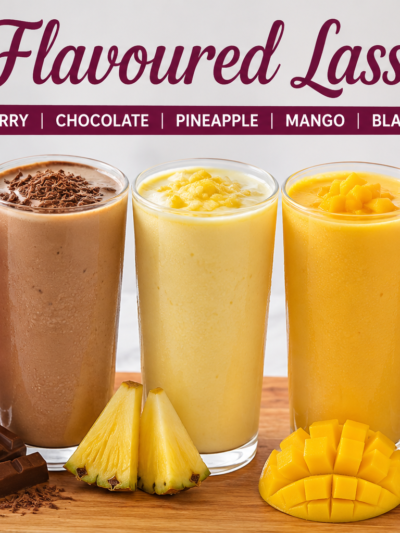 Flavoured lassi drinks in strawberry, chocolate, pineapple, mango and black currant served chilled in glasses